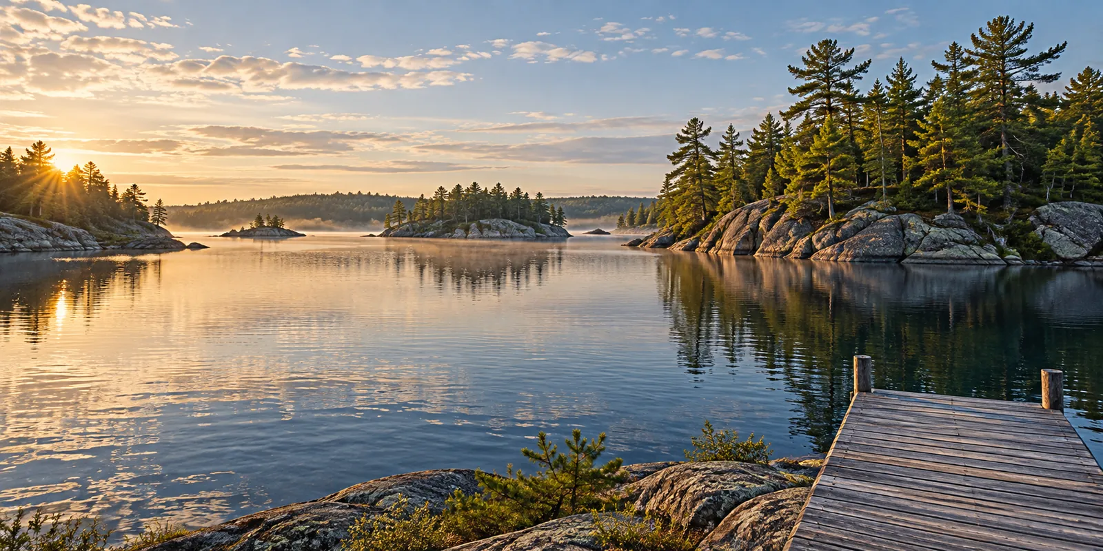 Granite islands and white pine beside a quiet lake and timber dock