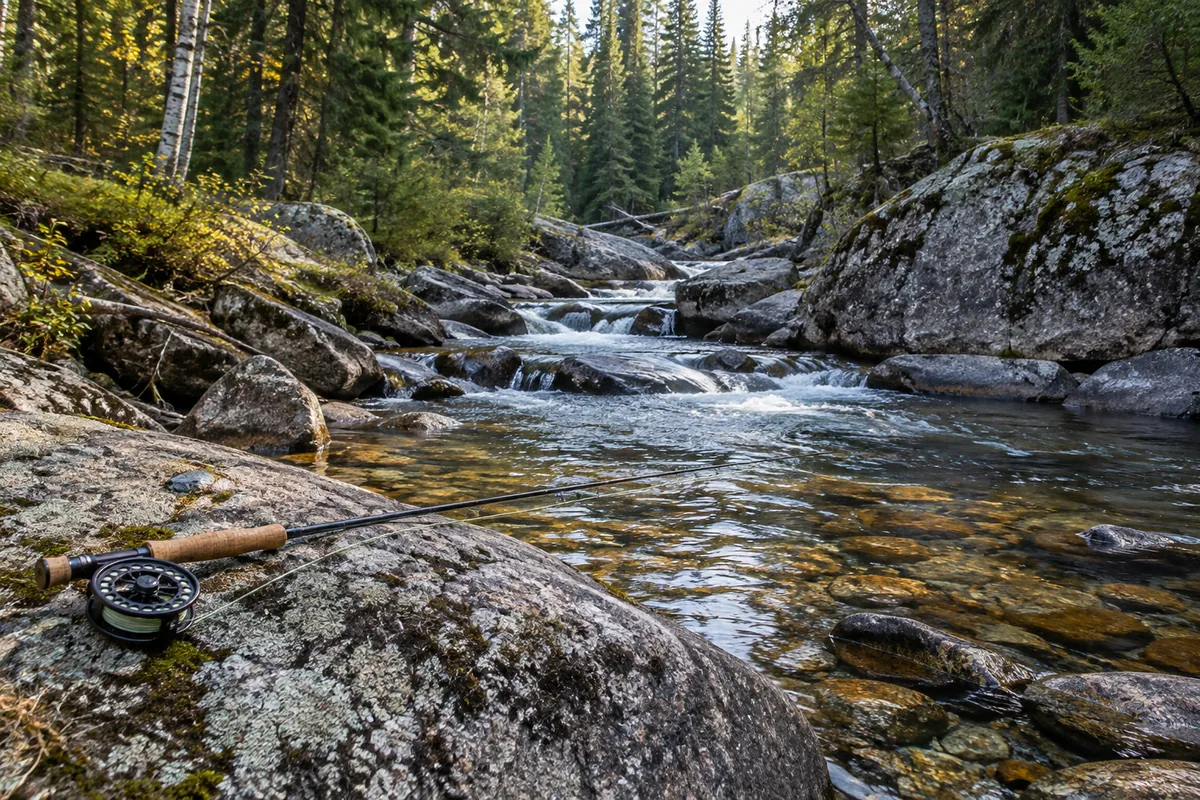 A fly rod rests above a clear rocky stream running through northern forest.
