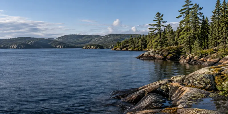 Cold blue water beyond a rounded granite shore with spruce and pine.