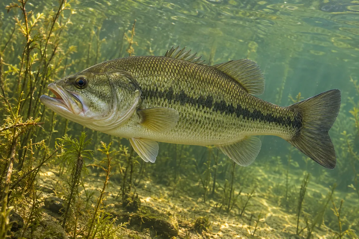 A green largemouth bass with a dark side stripe beside aquatic plants.