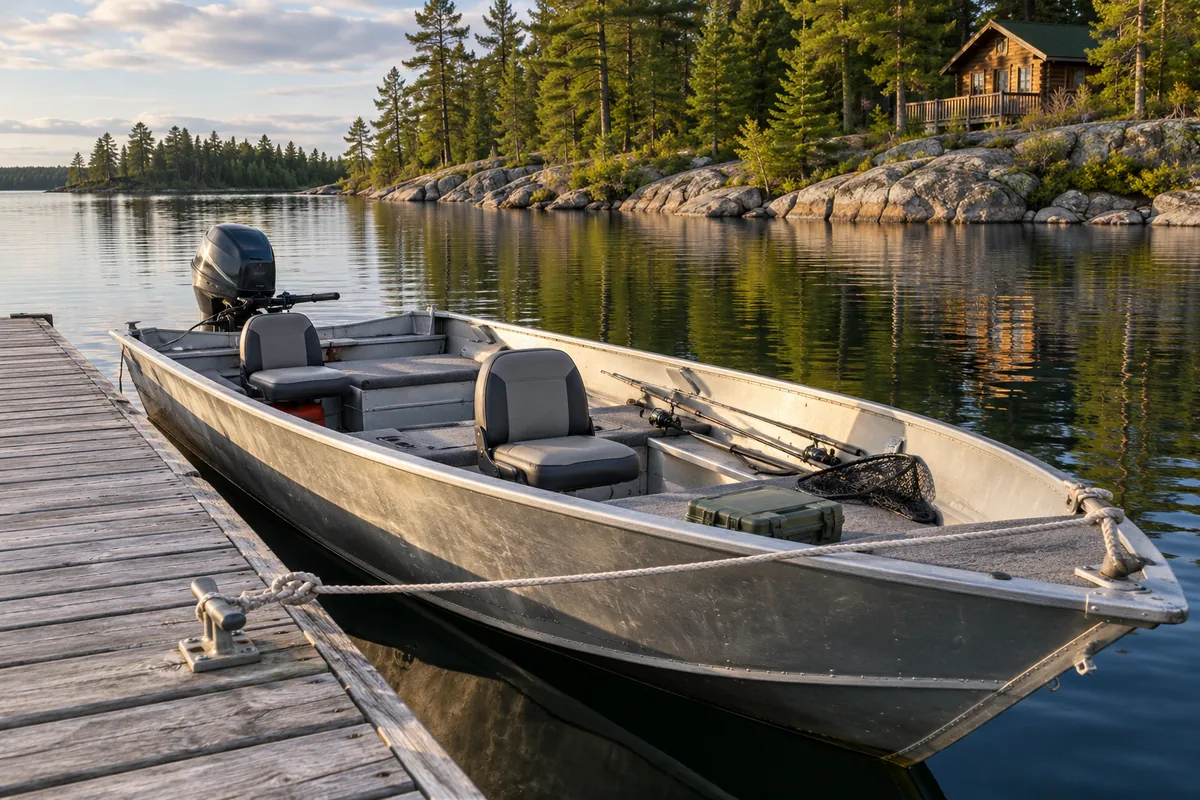An empty aluminum boat tied securely beside a wooden dock.