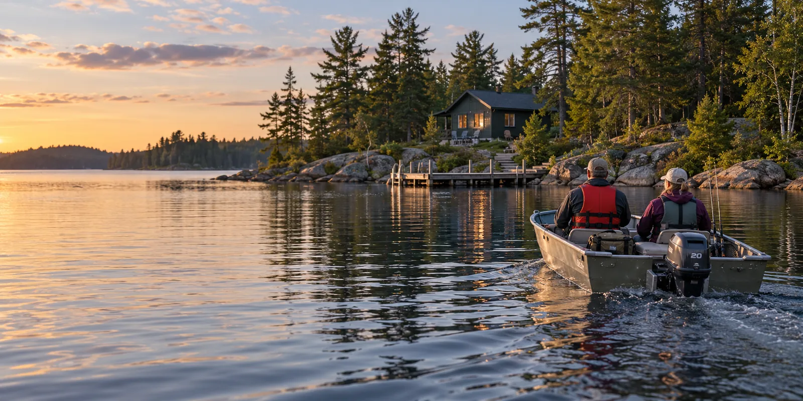 Two adults in lifejackets travelling slowly by motorboat toward a lake dock.