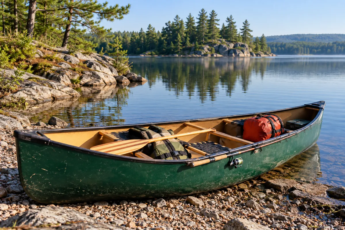 A canoe on a pebbled shore with a paddle, lifejacket, dry bag and secured rod.