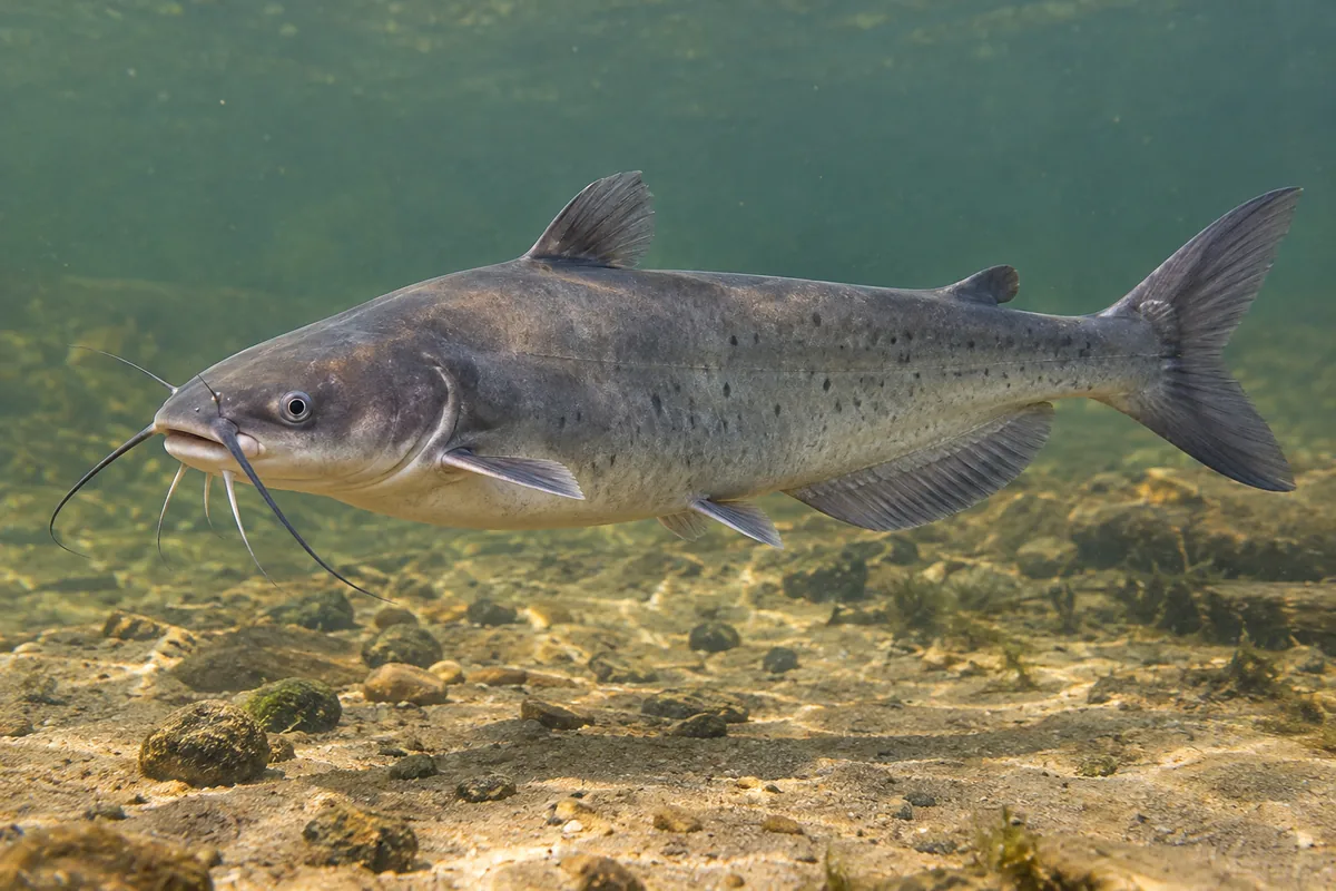 A smooth-skinned channel catfish with barbels and a forked tail above a river bottom.