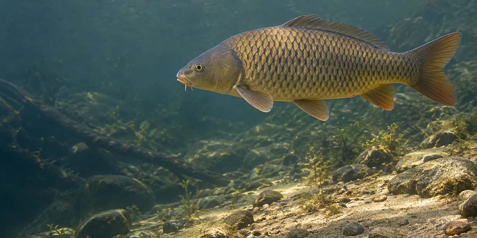 A bronze common carp with large scales and mouth barbels near a freshwater lake bottom.