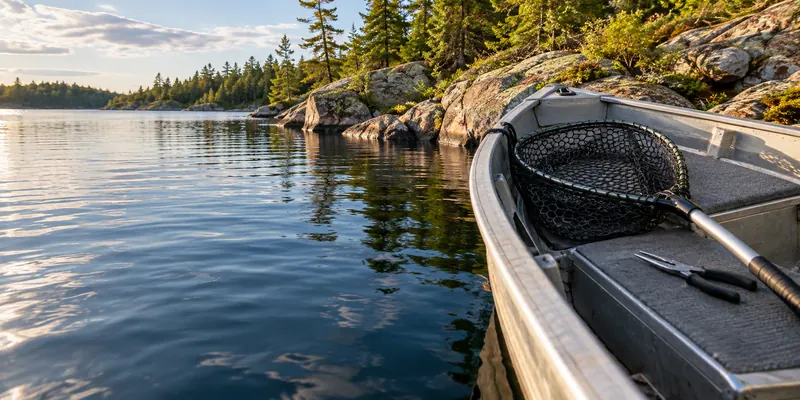 Rubber-mesh landing net and long pliers inside an empty boat near a rocky shore