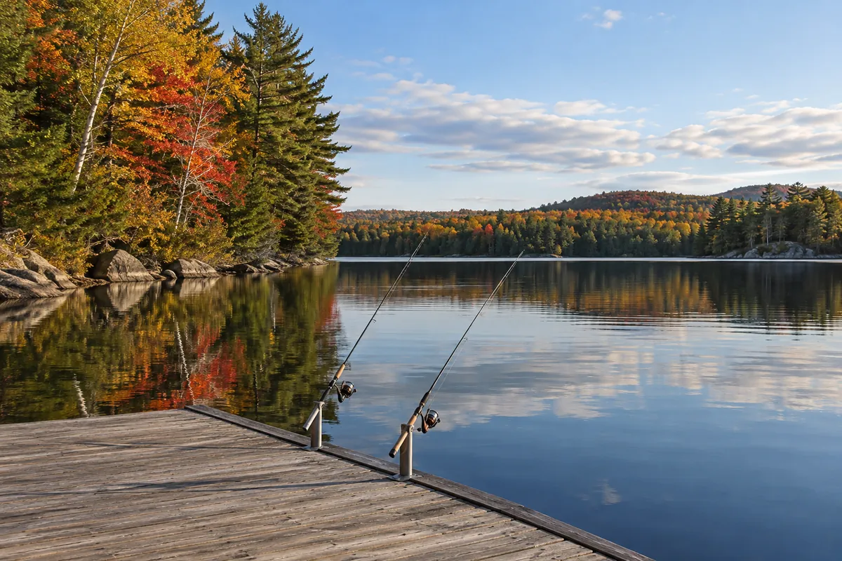 Fishing rods secured beside a dock with autumn maple and birch across the lake.