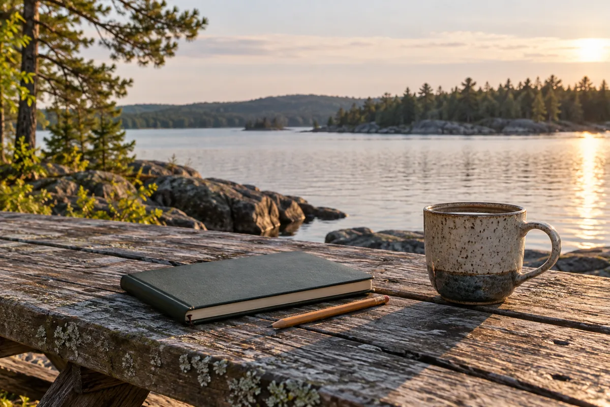 Notebook, pencil and cup on a weathered lakeside table