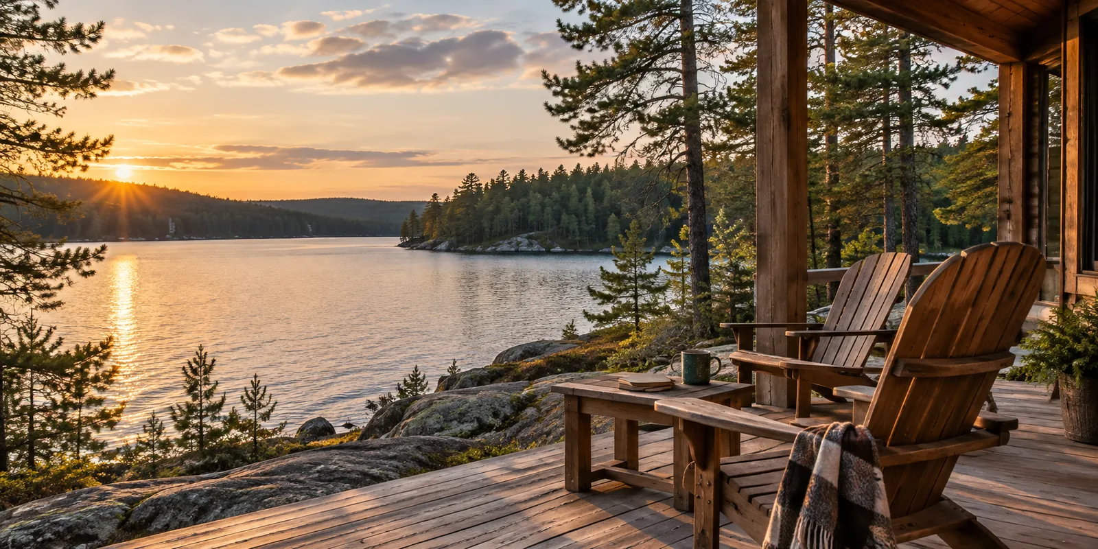 Empty chairs on a cabin porch overlooking a pine-lined lake