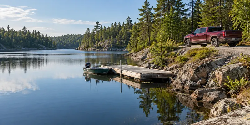 A red pickup on a gravel lane beside a dock and a pine-lined lake.