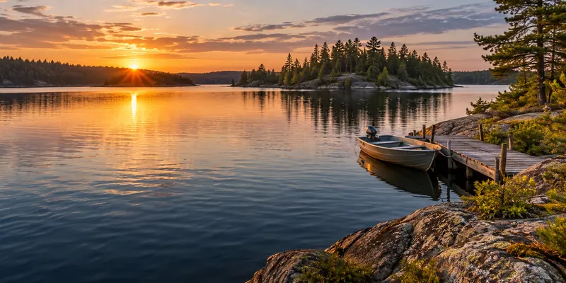 Empty aluminum boat moored beside a rocky pine island at sunrise