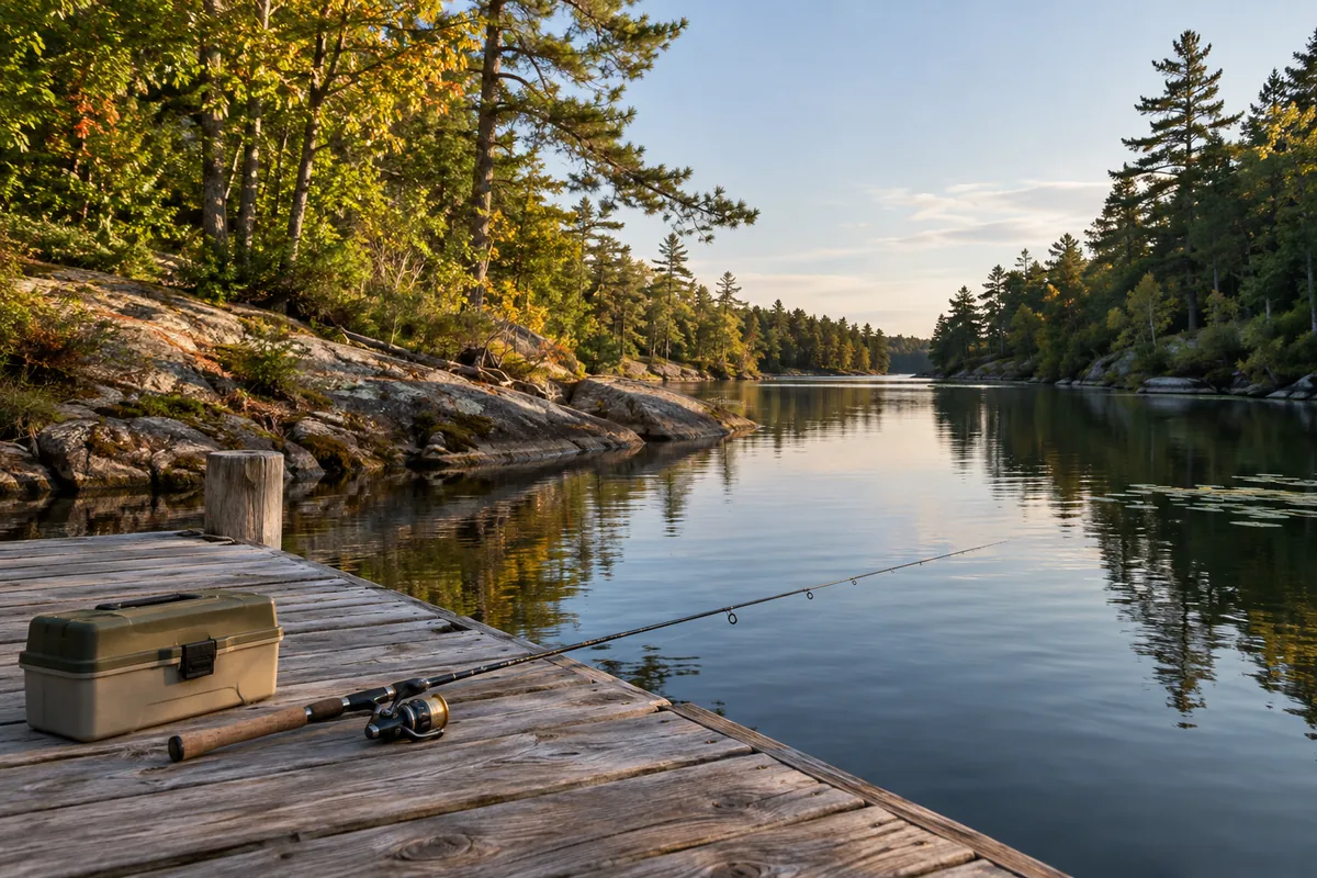 A spinning rod and tackle box beside a dock on a sheltered wooded channel.