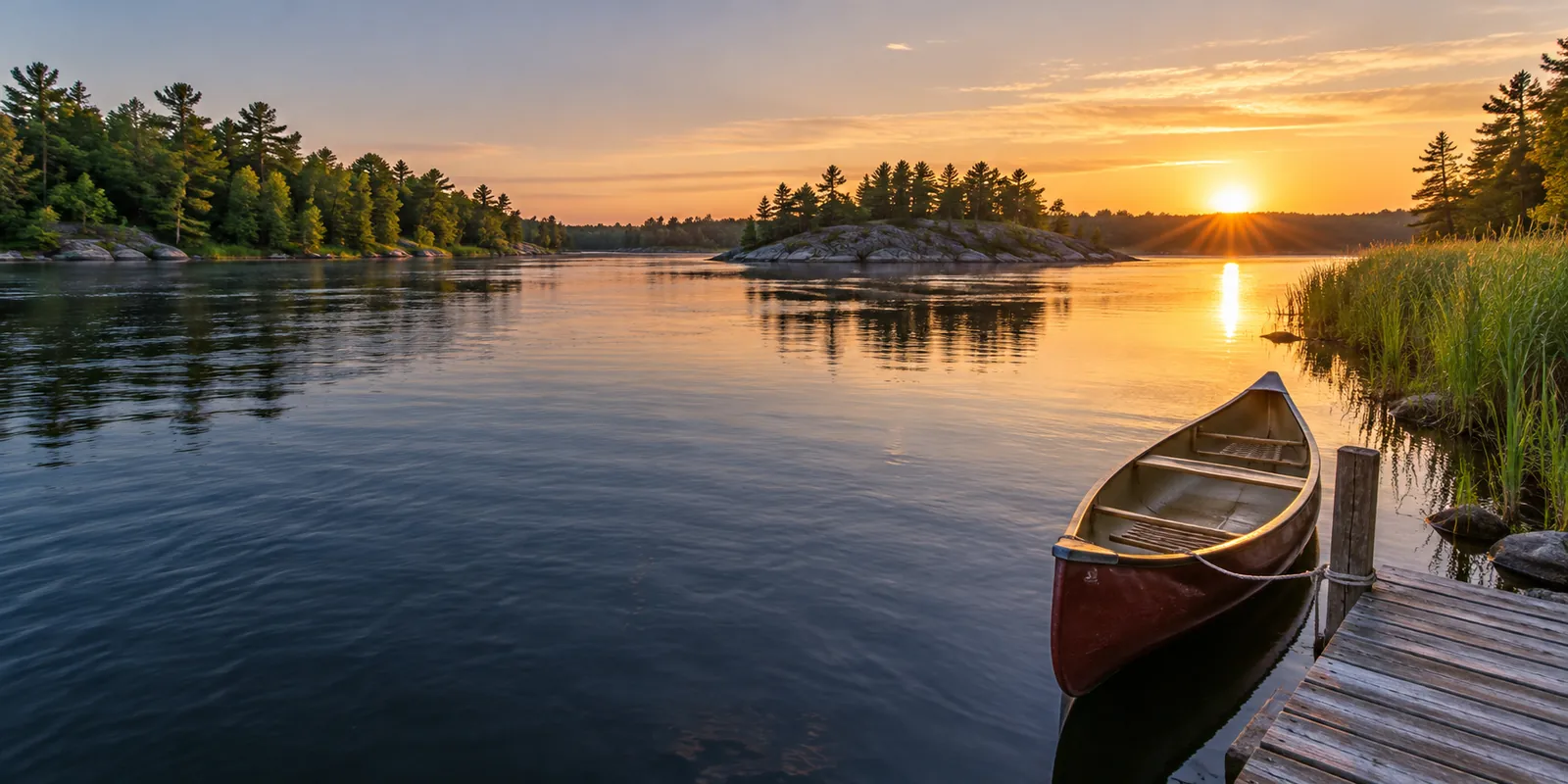 A canoe tied at a small dock beside a broad river with reeds and wooded banks.