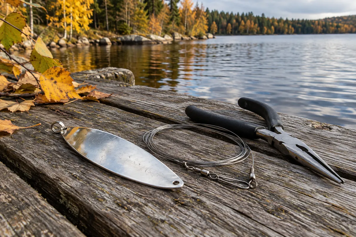 Silver spoon, wire leader and long pliers on a dock with fallen leaves