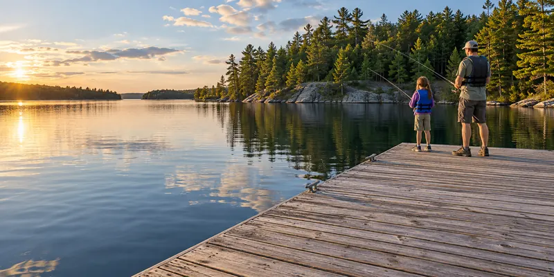 A parent and child wearing lifejackets while fishing from a wide lake dock.