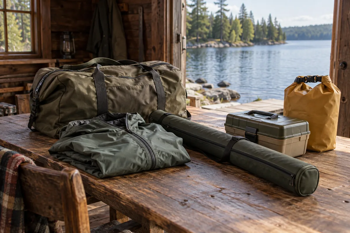 Duffel, rod case, rain coat and tackle box on a cabin table