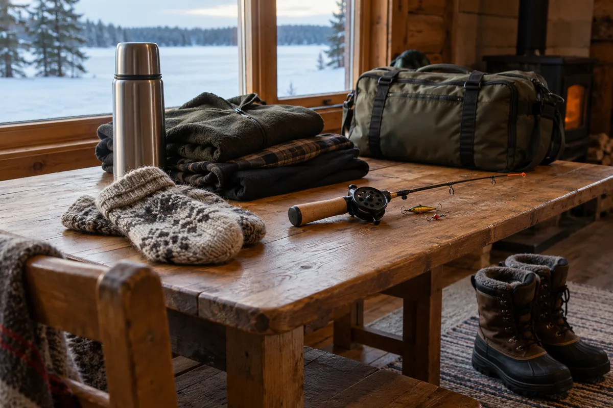 Thermos, gloves, short fishing rod and duffel on a cabin table