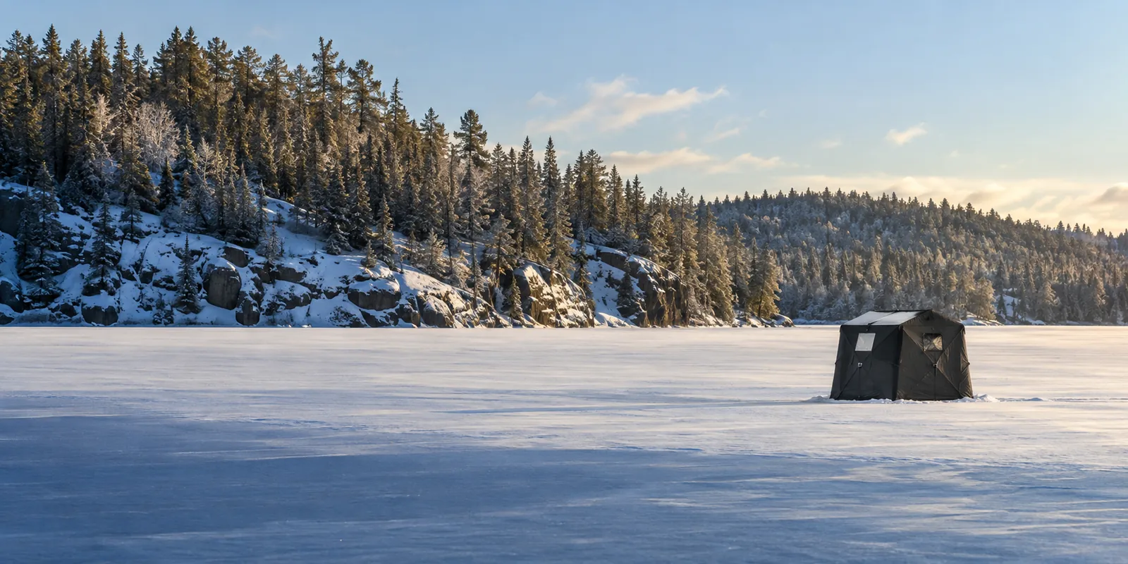 Portable fishing shelter on a snow-covered lake beneath a winter sky