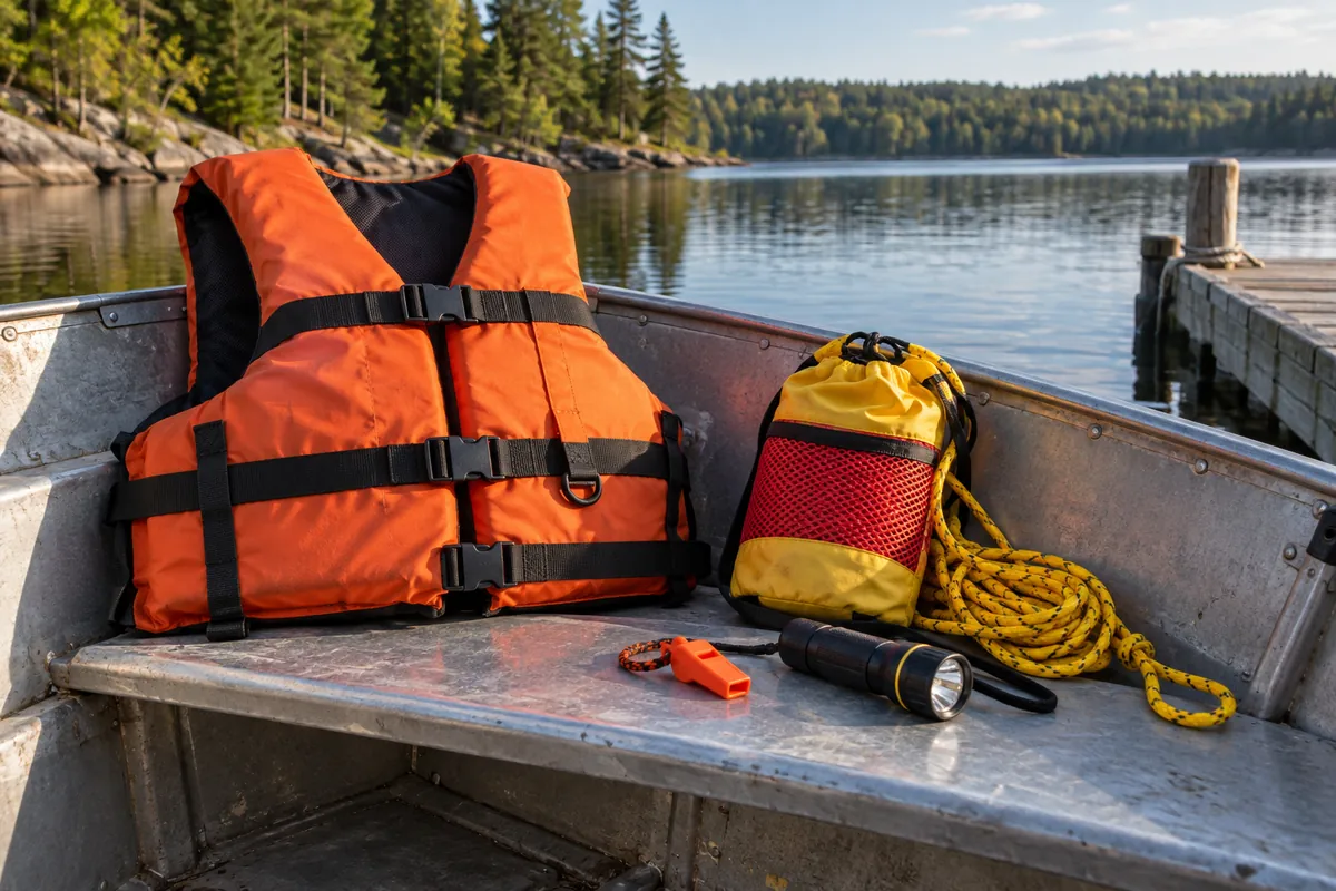 Flotation device, throw bag, rope, whistle and light on a boat seat
