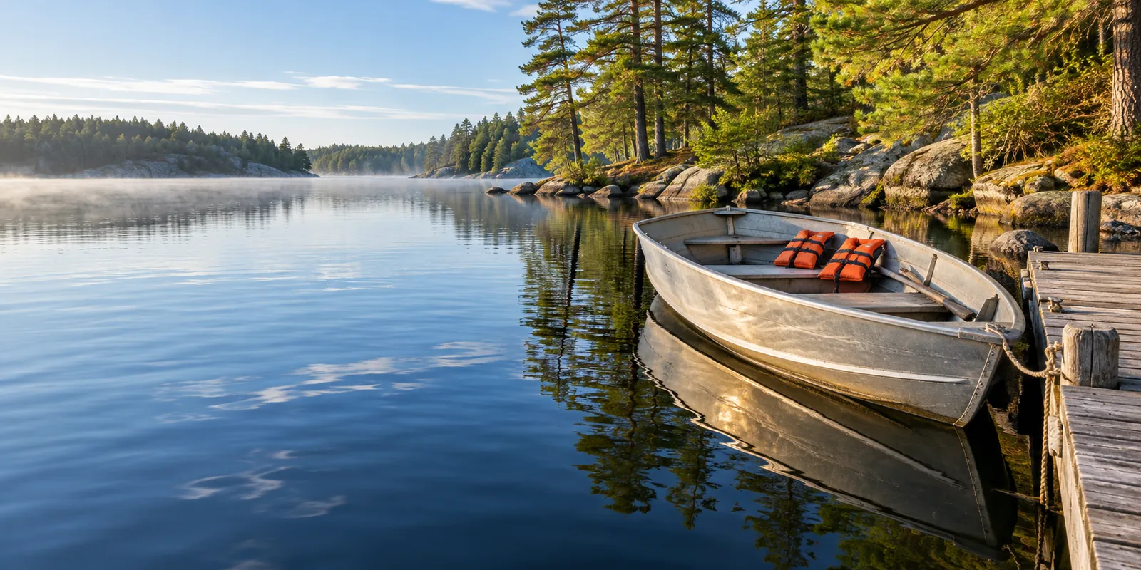 Empty moored aluminum boat with orange flotation devices beside a dock