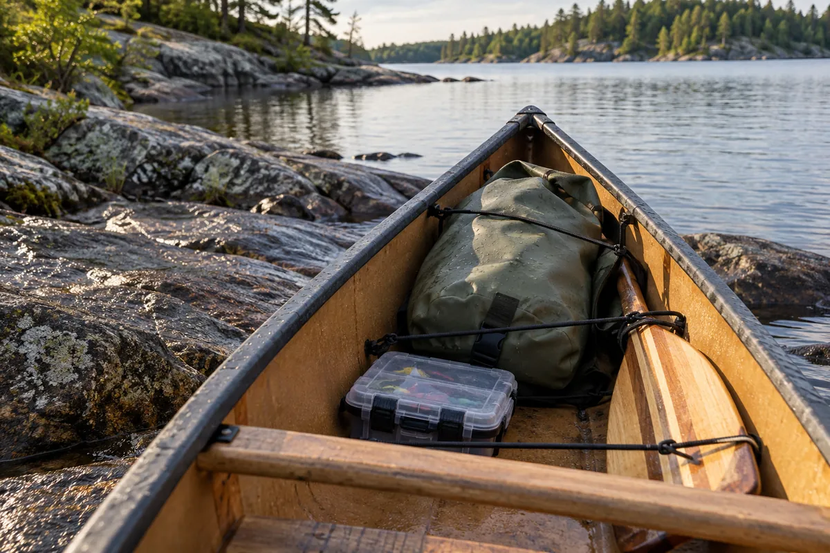 Dry bag, tackle box and secured paddle in a canoe resting ashore
