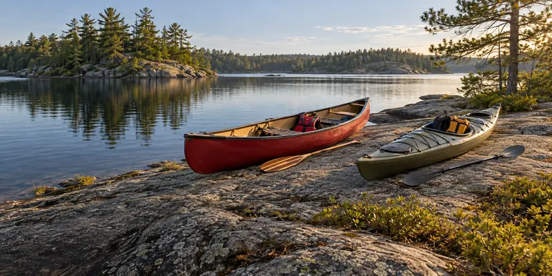 Red canoe and olive kayak pulled onto a dry granite shore