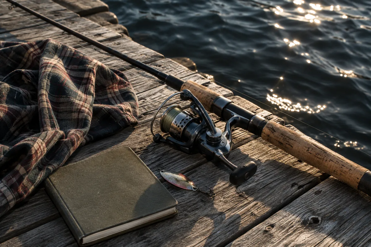 Spinning rod, silver spoon, plaid shirt and closed notebook on a timber dock