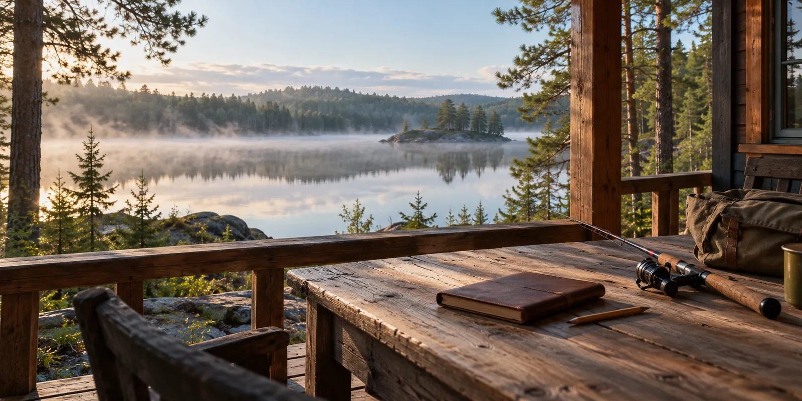 Journal, pencil and fishing rod on a porch table overlooking a misty lake