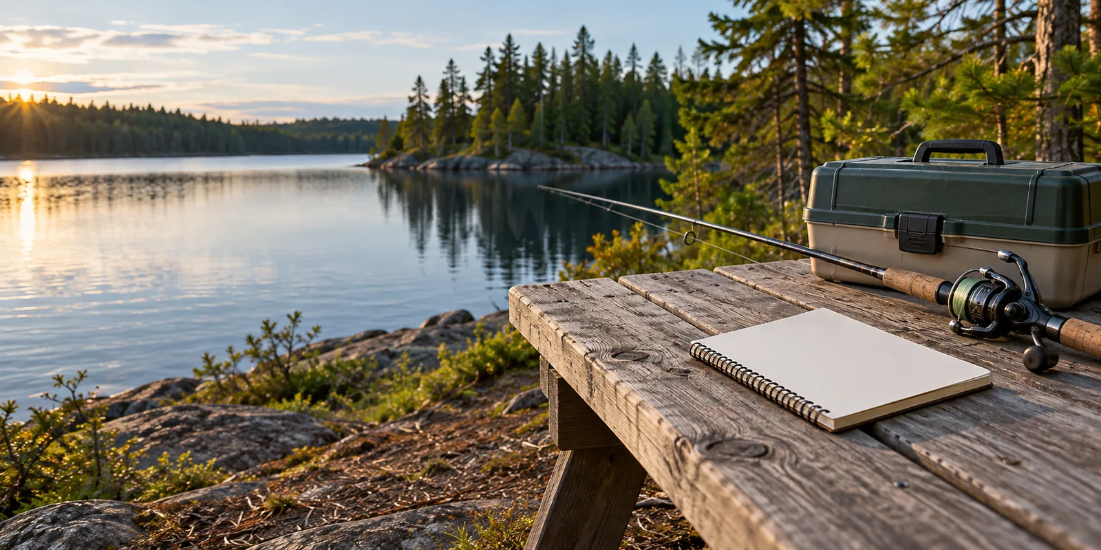 Rod, closed tackle box and blank notebook on a lakeside table