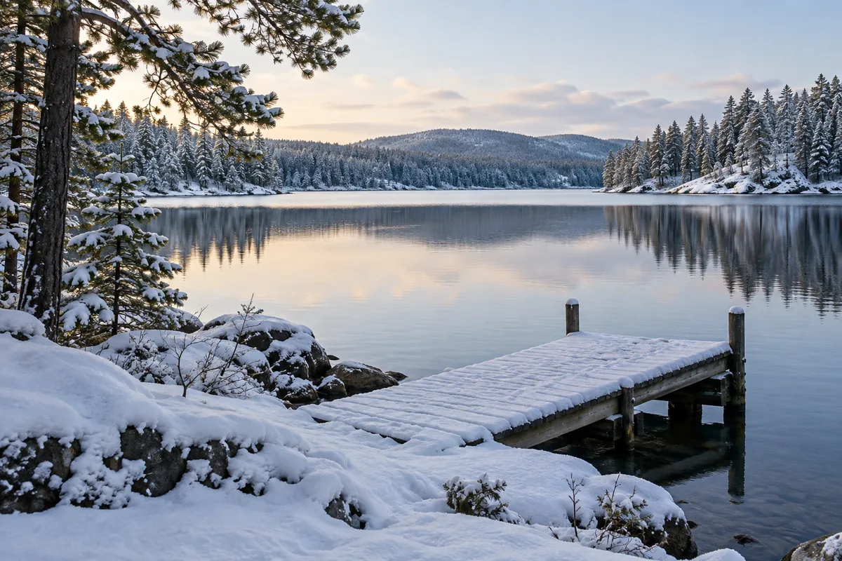 Snow-covered dock and pine-lined lake in winter