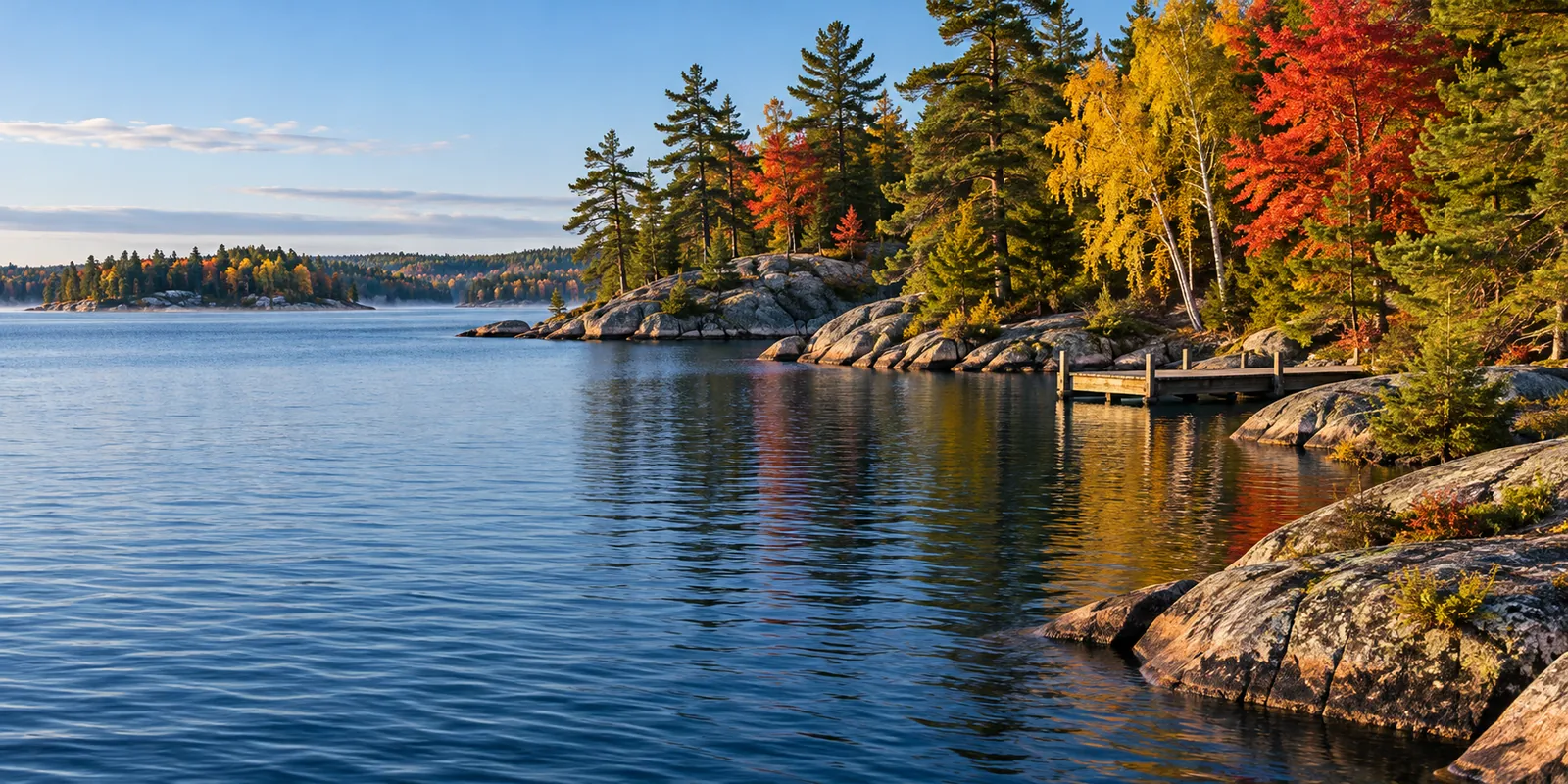 Autumn maple and birch colours reflected beside a quiet lakeside dock