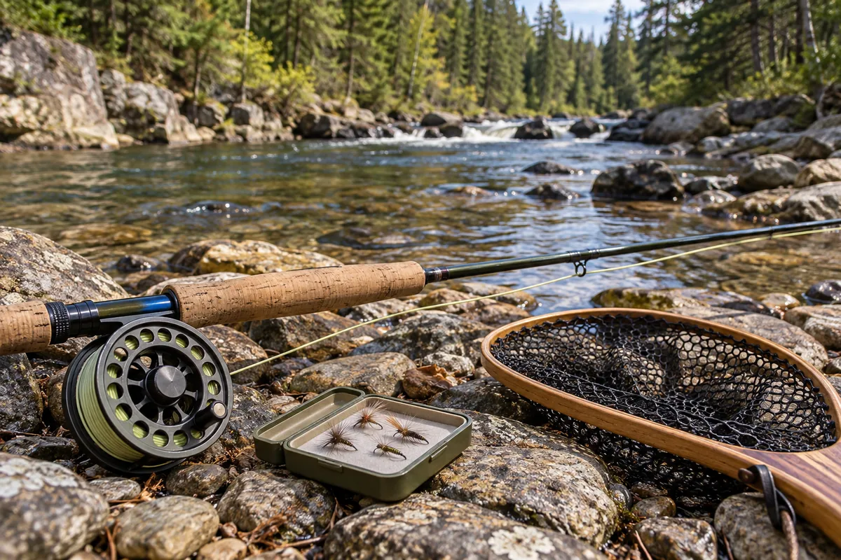 Fly reel, rod, flies and rubber-mesh net on dry riverbank stones