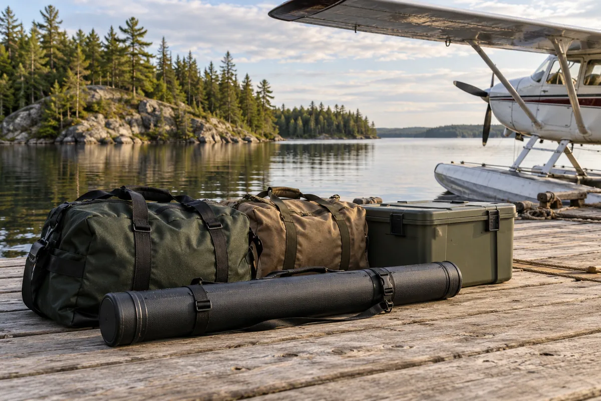 Compact travel bags, a fishing rod tube and a food bin ready on a lake dock.