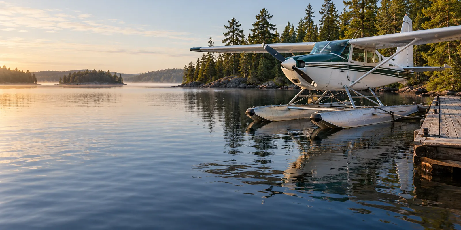 An unbranded floatplane moored at a timber dock on a forest-lined lake.