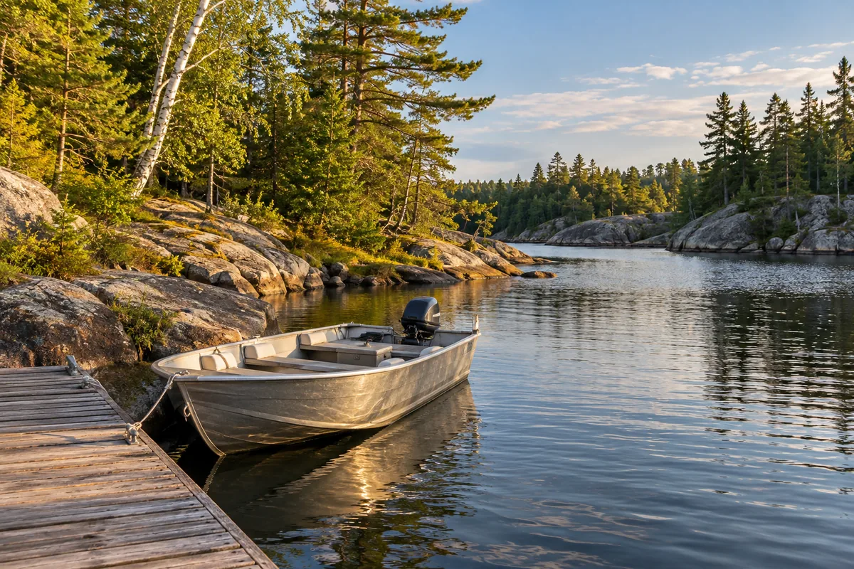 An empty aluminium fishing boat tied beside a rocky shore in a narrow sheltered channel.