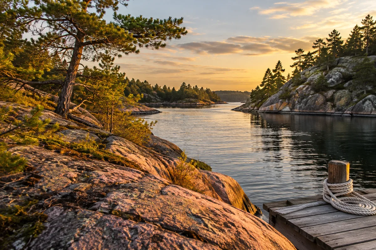 Coiled rope on a timber dock beside pink granite and pine at sunset