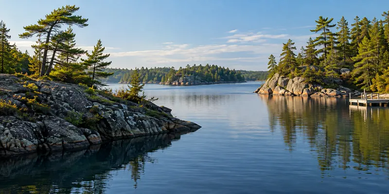 Granite points and wind-shaped pine around a quiet river channel