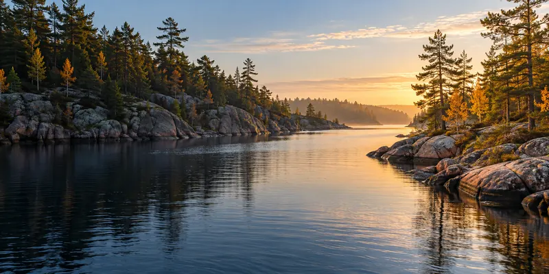 A calm river channel passes between granite points and tall pine forest.