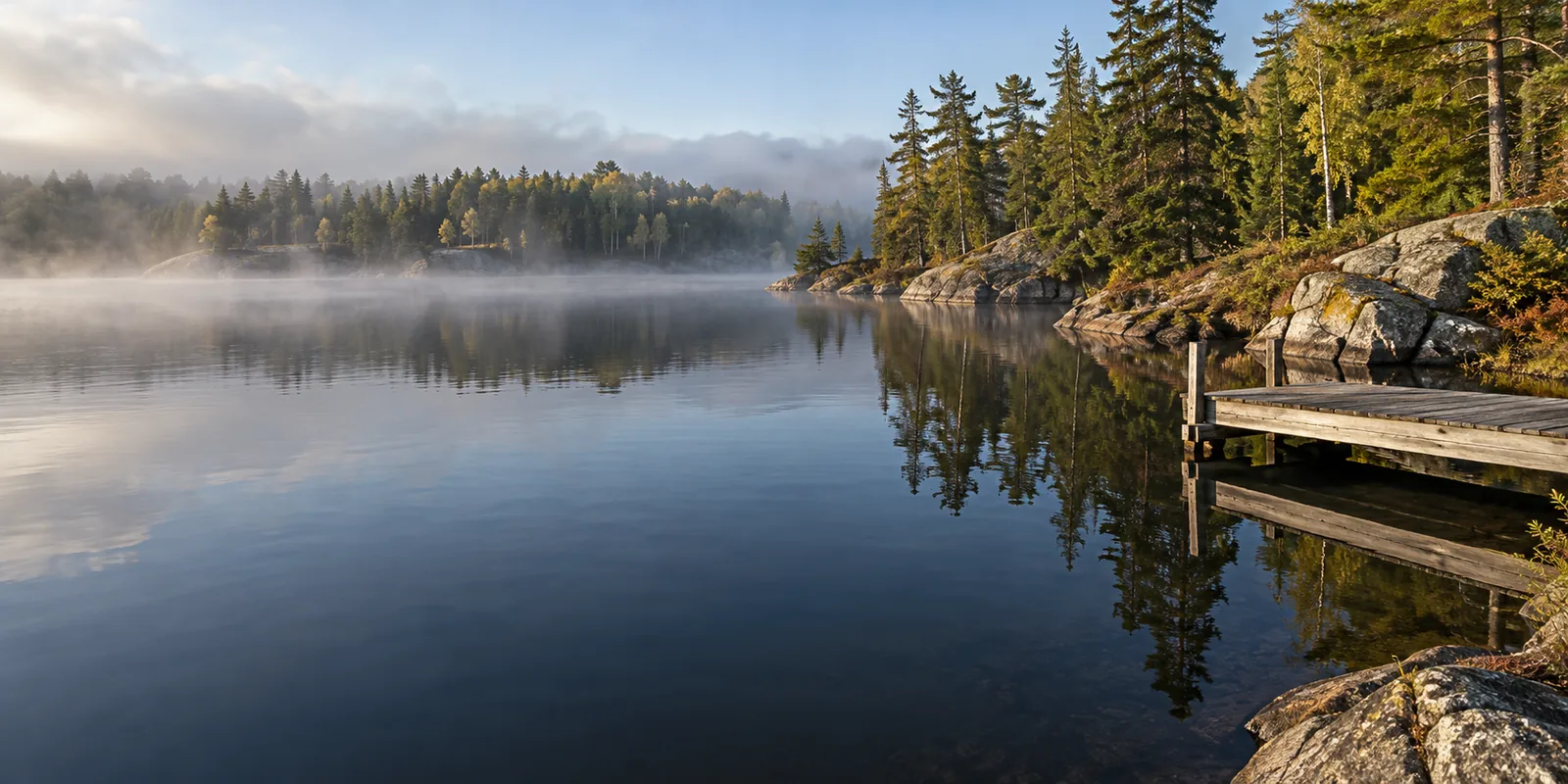Quiet timber dock beside rocks, pine and birch in morning mist