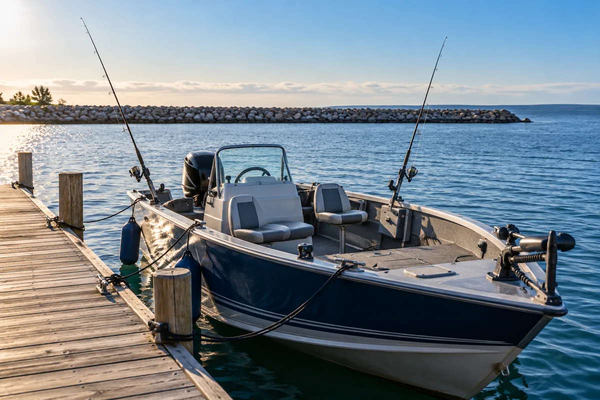 A fishing boat with secured rods beside a marina dock and a stone breakwater.
