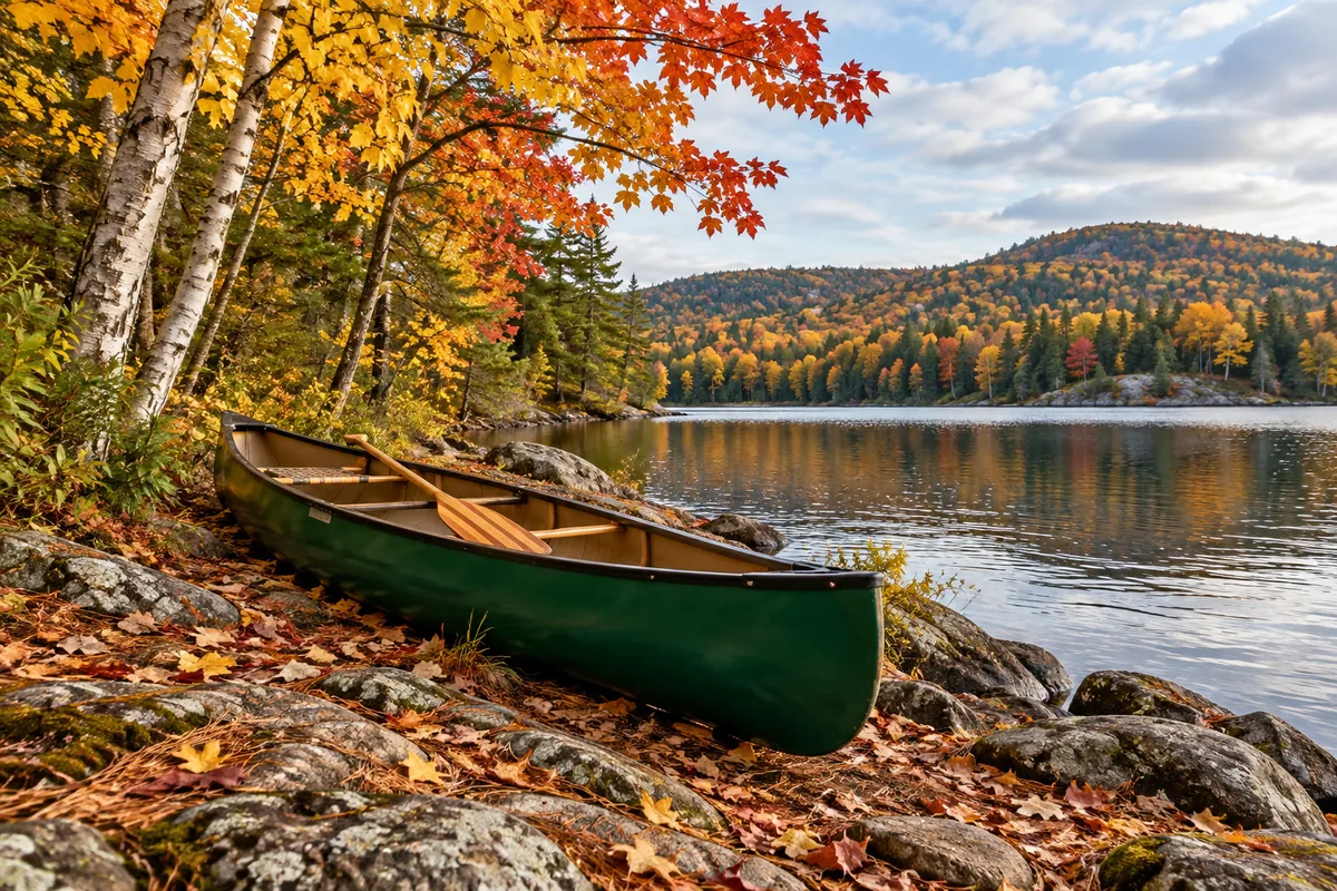 A green canoe and paddle on a rocky lakeshore beneath autumn birch and maple.