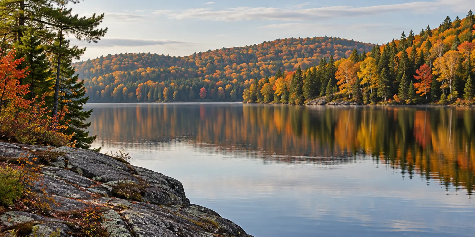 A quiet lake reflecting autumn maple, birch and pine along low wooded hills.