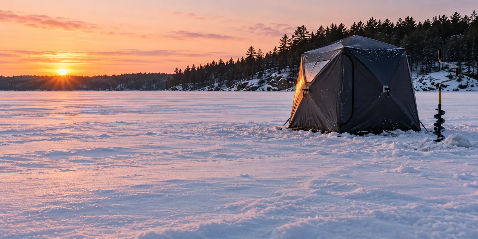 A portable ice-fishing shelter and manual auger on a snow-covered lake.