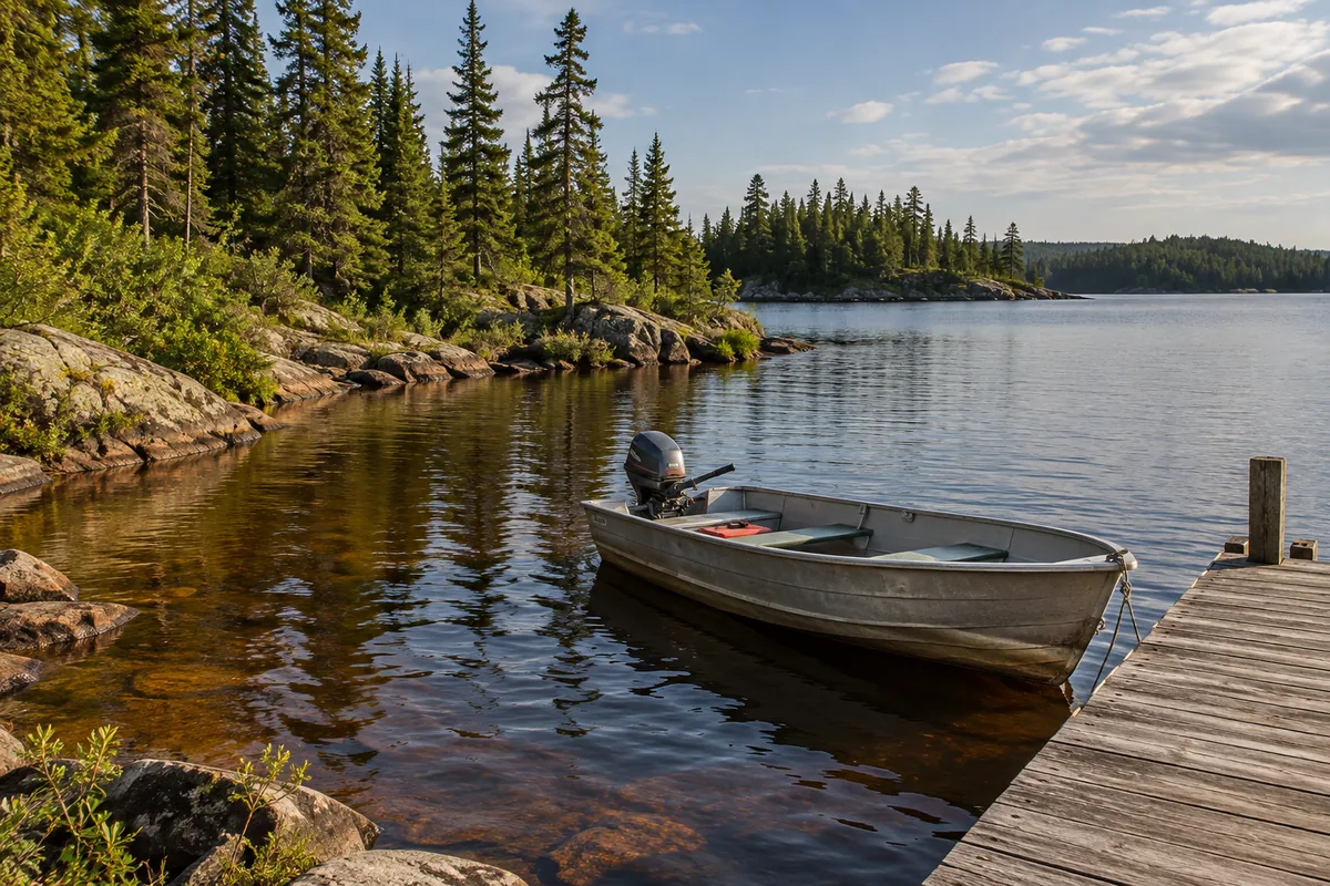 An empty outboard boat tied at a simple wooden dock beside a northern reservoir bay.