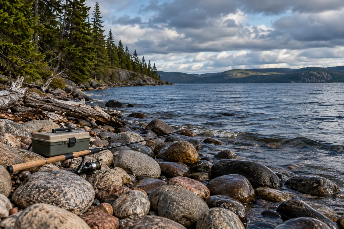 Rounded stones, driftwood and fishing tackle beside a cold lake and wooded northern hills.