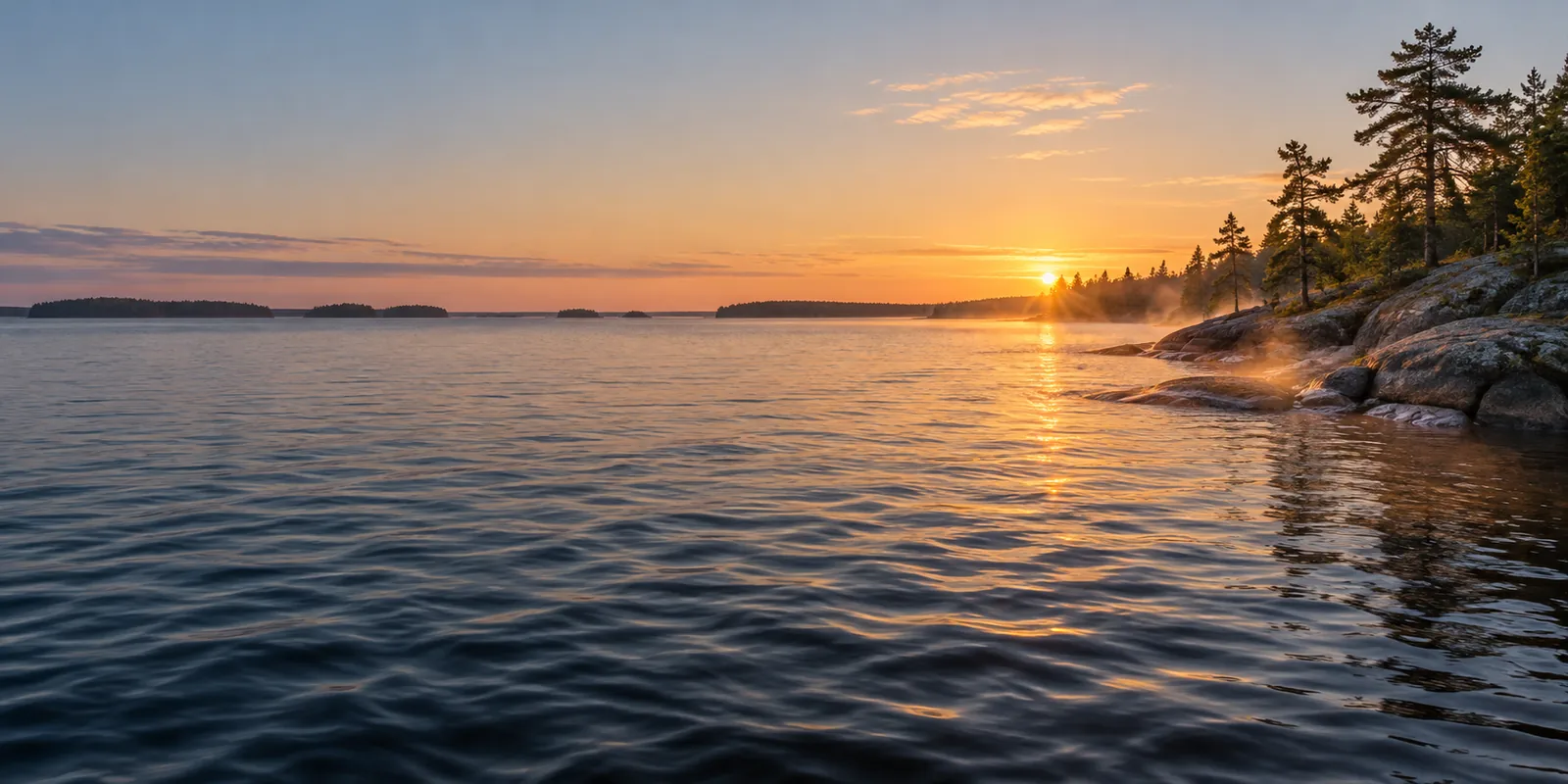 Soft dawn light over a broad lake beside low granite and scattered shoreline pines.