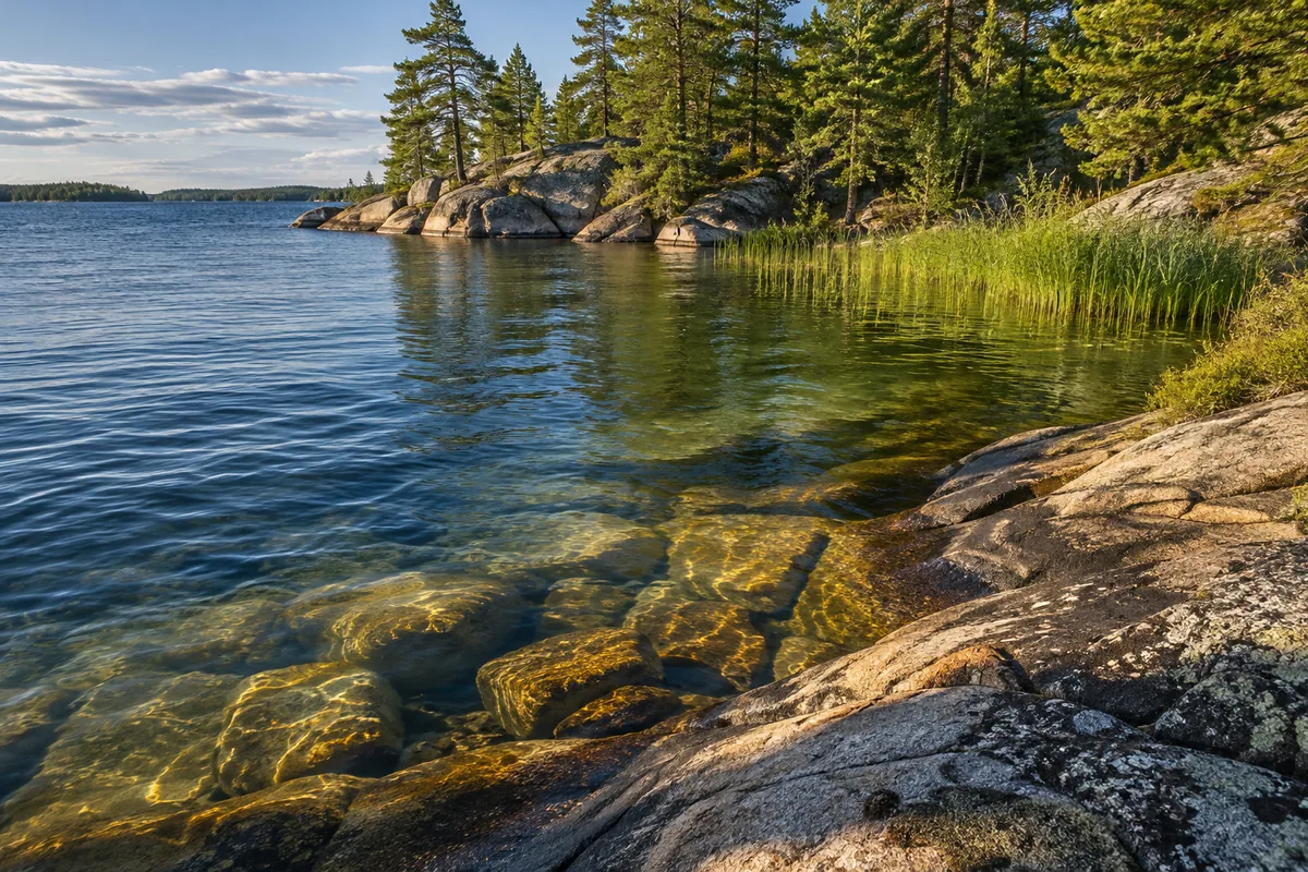 Rocky lake shallows beside a pine-covered island with reeds along a sheltered bay.