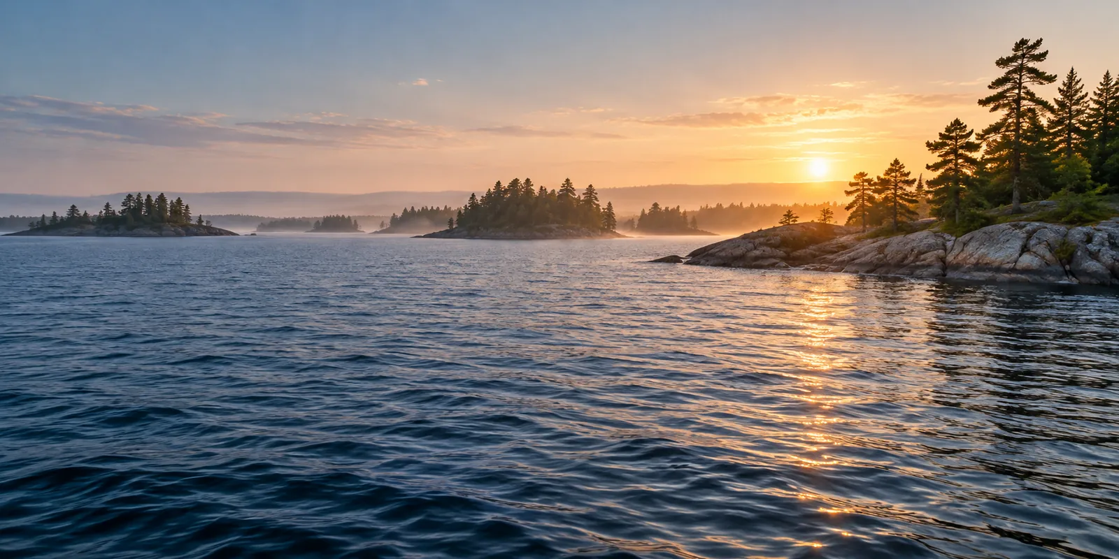 Several low forested islands and granite shores across blue lake water at sunrise.