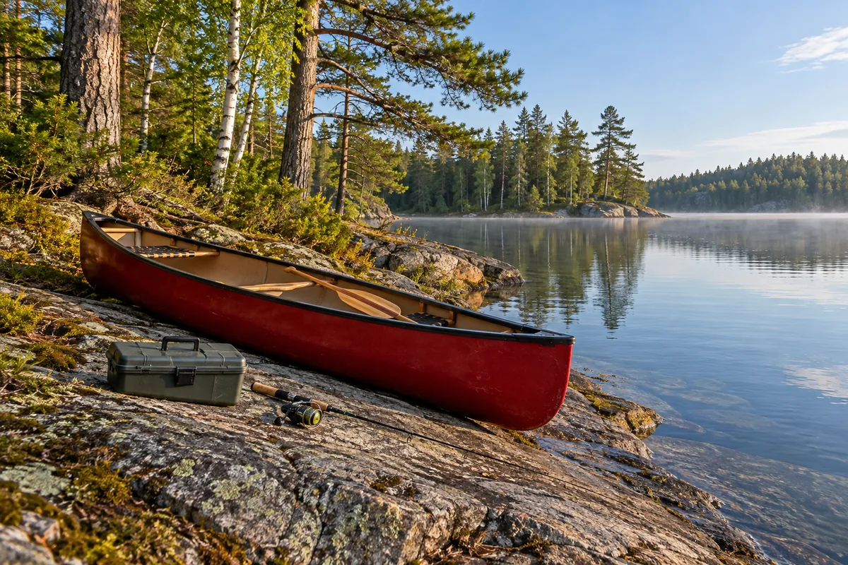 A canoe drawn safely onto a granite shore with a closed tackle box and rod beside it.
