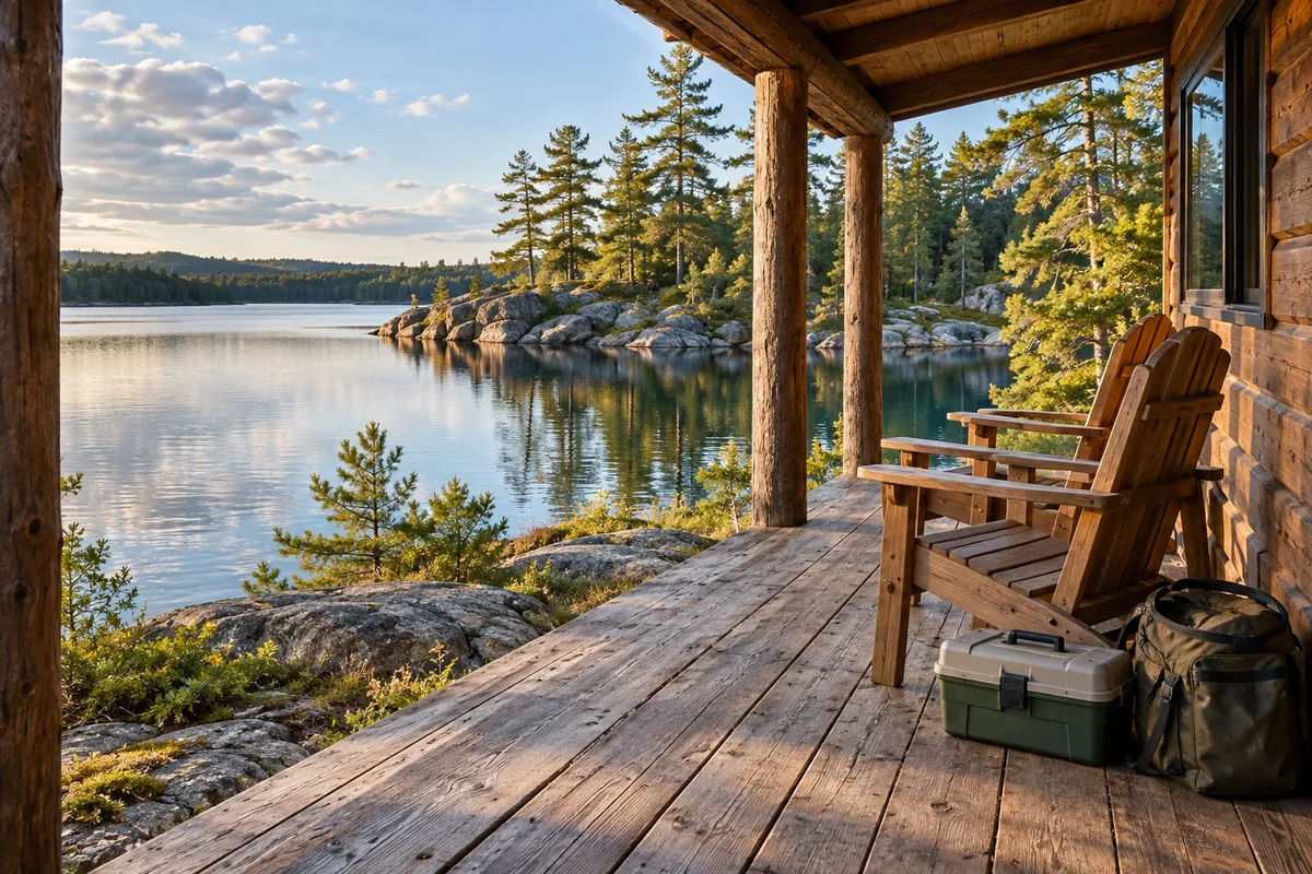 Wooden chairs and fishing gear on a cabin porch overlooking a quiet pine-lined lake